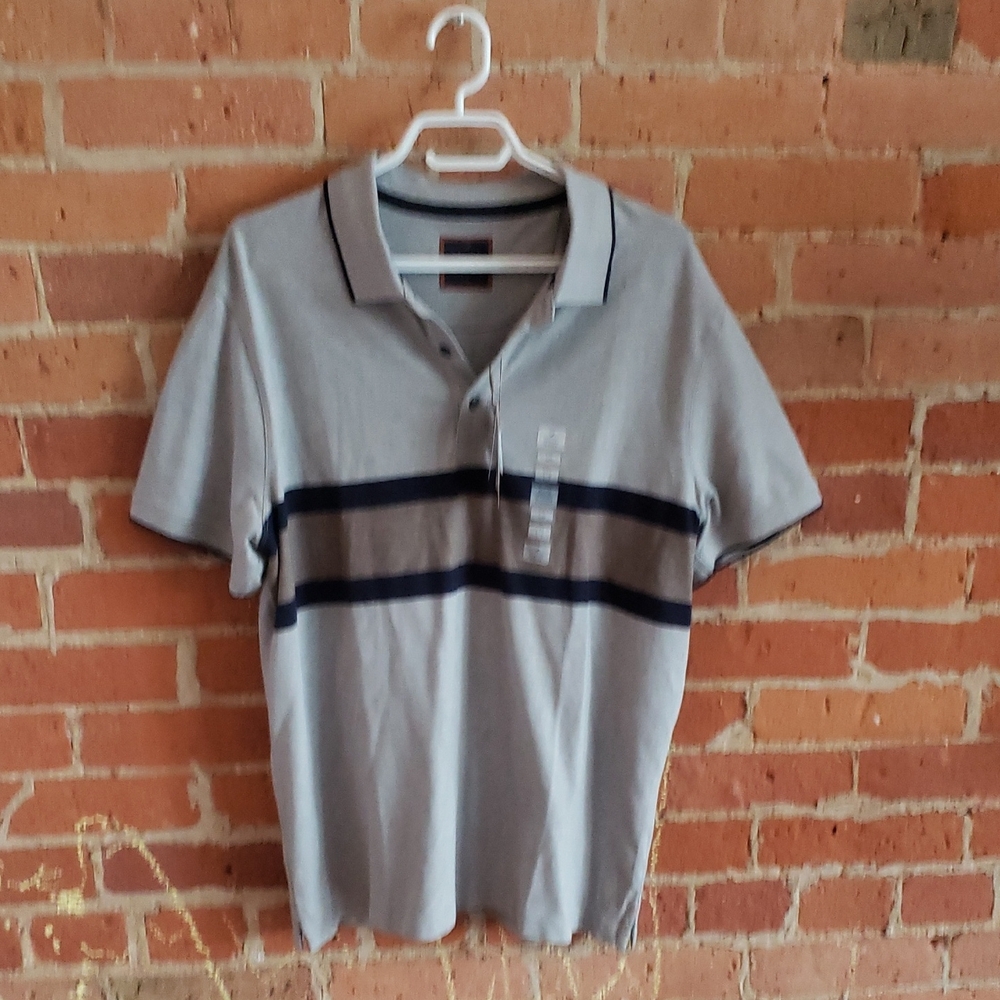 Gray Polo Shirt with Navy Stripes